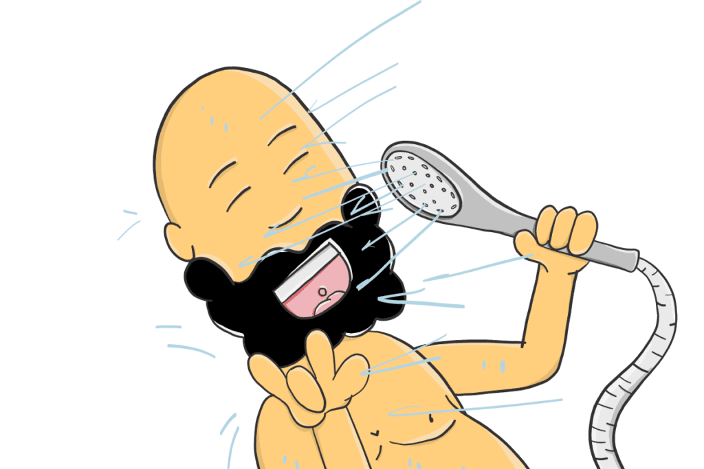 Andrew demonstrating power-saving tips in the shower during the Hour of Power.