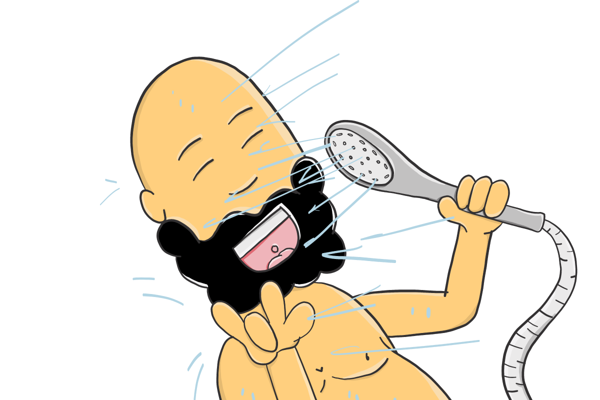 Andrew demonstrating power-saving tips in the shower during the Hour of Power.