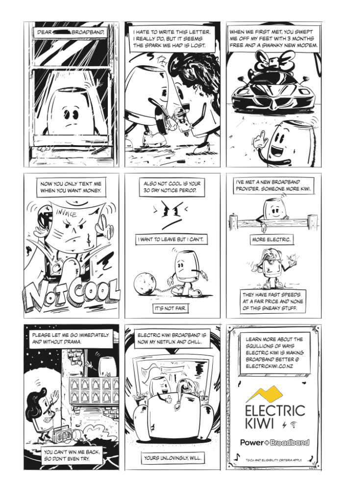 Cartoon modem character looking longingly at broadband character, symbolising the desire to end a relationship but being legally bound by a 30-day notice period.